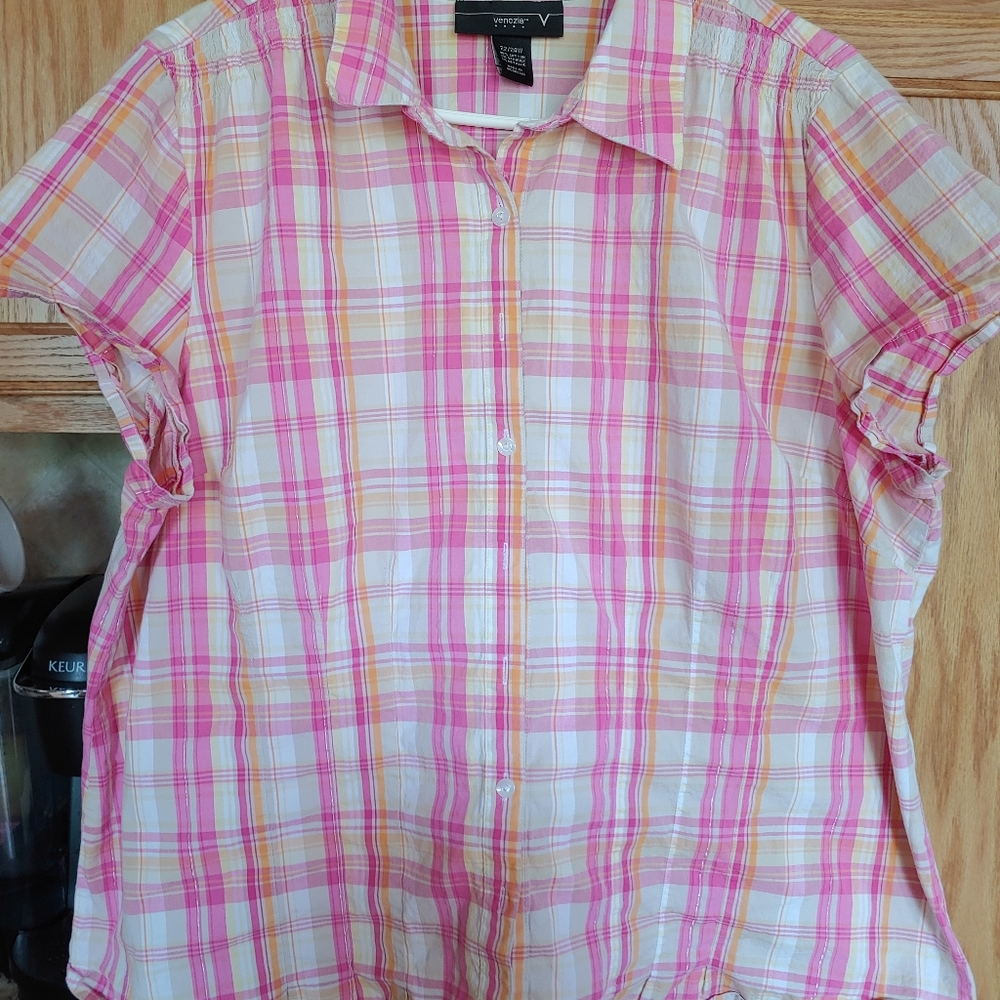 Plaid button up. Pink, orange and yellows